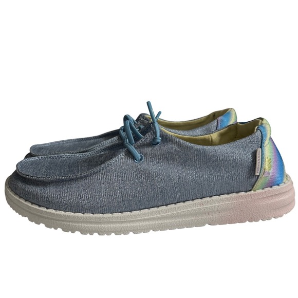 Hey Dude Other - Hey Dude Wendy Sparkle Denim Rainbow Heel Slip On Moc Toe Shoes Youth 6 Womens 7